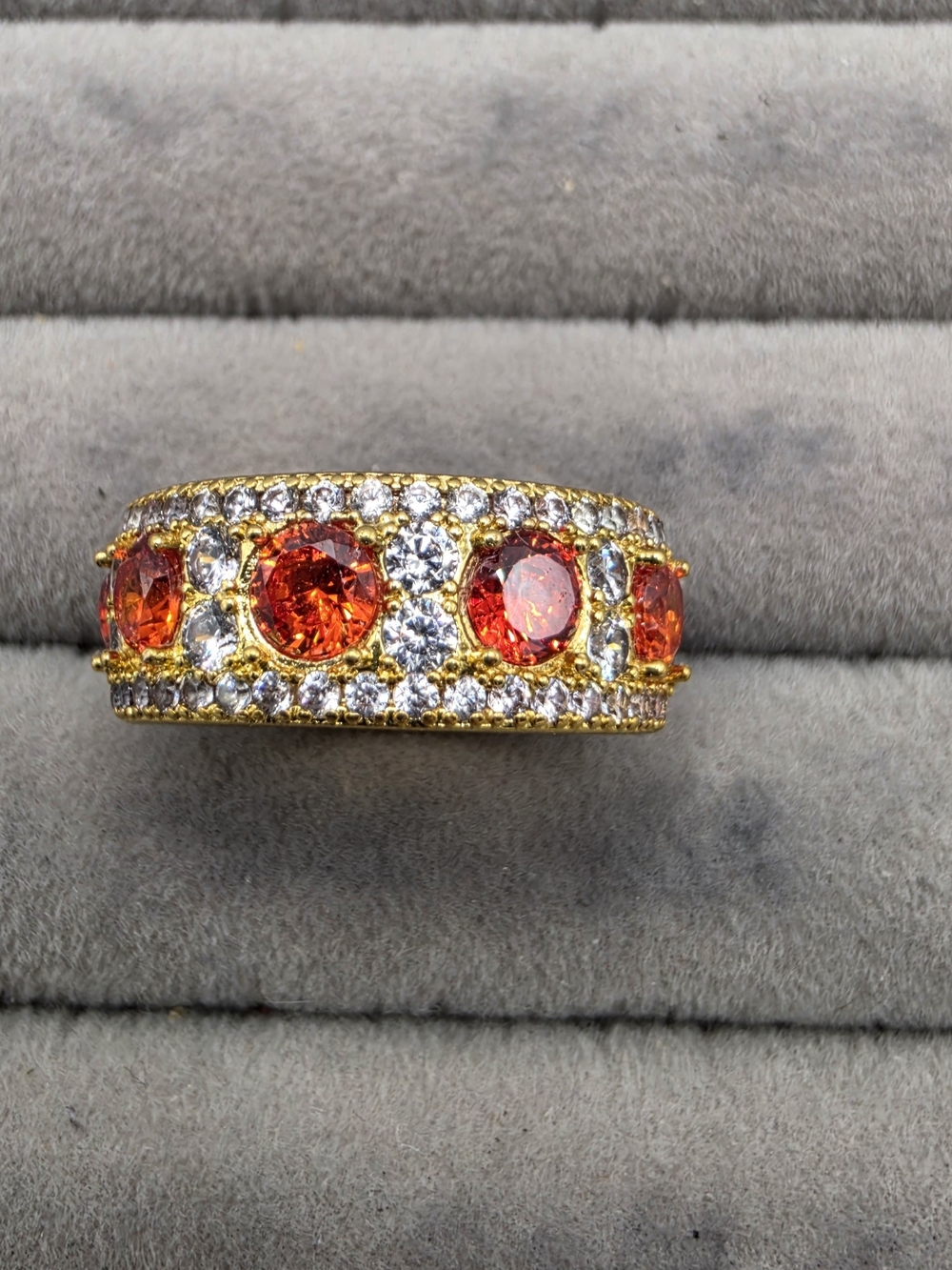 Gold Ring Size 7 with Orange Gemstones and Clear Accents